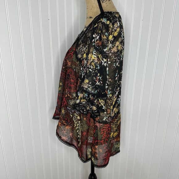 Fig And Flower Sheer Cardigan Top L Black Floral Flutter Sleeve Whimsigoth Fairy - Picture 3 of 14